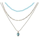 Jessica Simpson Turquoise and Blue Bead Layered Necklace for Women, 15"-18.5"+3" Gold-Tone Multilayer Necklaces 3-Strand