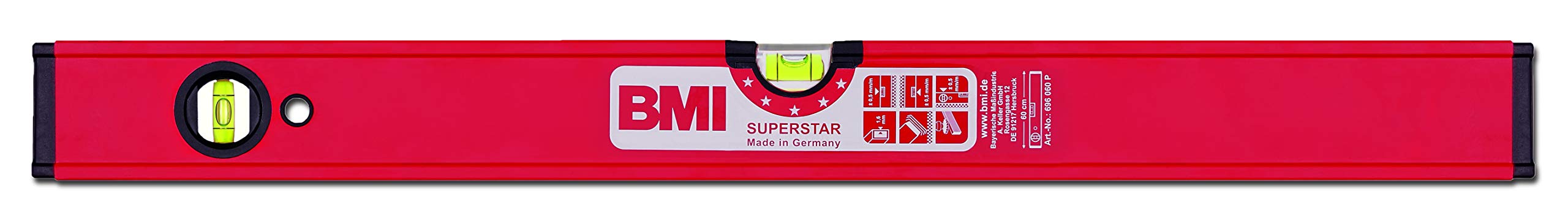 BMI Superstar 696080P Aluminium Profile Spirit Level 80 cm Long Powder-Coated Surface Edgeless Horizontal Level High Measuring Accuracy 0.5 mm/m with Rubber End Caps