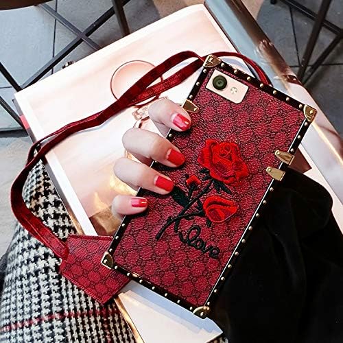iPhoneX Case,iPhoneXS Case, Elegant Luxury Designer Red Monogram Rose Embroidery Cover with Lanyard Trunk Case for iPhoneX iPhoneXS