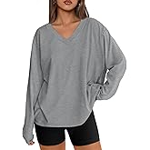 Trendy Queen Oversized Tshirts for Women Workout Plus Size Gym Tops V Neck Long Sleeve T Shirts Spring Casual Basic Tees
