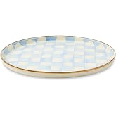 MACKENZIE-CHILDS Enamel Round Tray, Light-Blue-and-White Sky Check | Hand-painted design, made from enameled steel, circular serving platter for food and drinks, 14.5" dia.