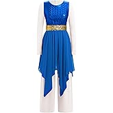 AFAVOM Praise Dance Dress for Women Metallic Asymmetric Overlay + Jumpsuit Pants + Belt Worship Liturgical Dancewear Costume