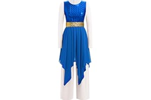 AFAVOM Praise Dance Dress for Women Metallic Asymmetric Overlay + Jumpsuit Pants + Belt Worship Liturgical Dancewear Costume