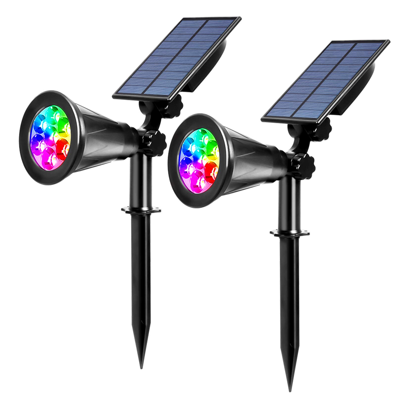 ILIKEPOW 2pcs Solar Spotlights Outdoor 7 LED RGB Lighting Colours Changing Landscape Lights Waterproof Ground Light Wall Security Lighting Auto On/Off for Pathway, Walkway, Patio, Yard