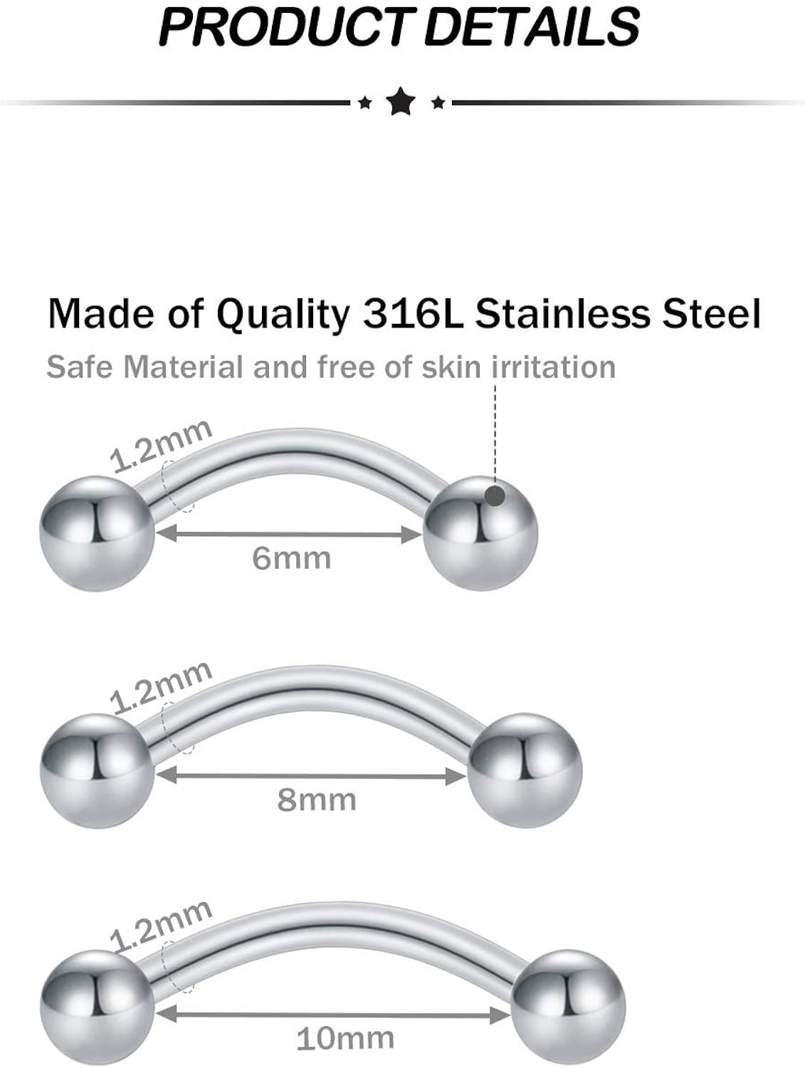 Longita 6PCS Curved Barbell Jewellery Eyebrow Bars Rook Helix Earrings 16G Clear Cubic Zirconia Stainless Steel Septum Lip Piercing Mens Womens 6mm 8mm 10mm - Image 3