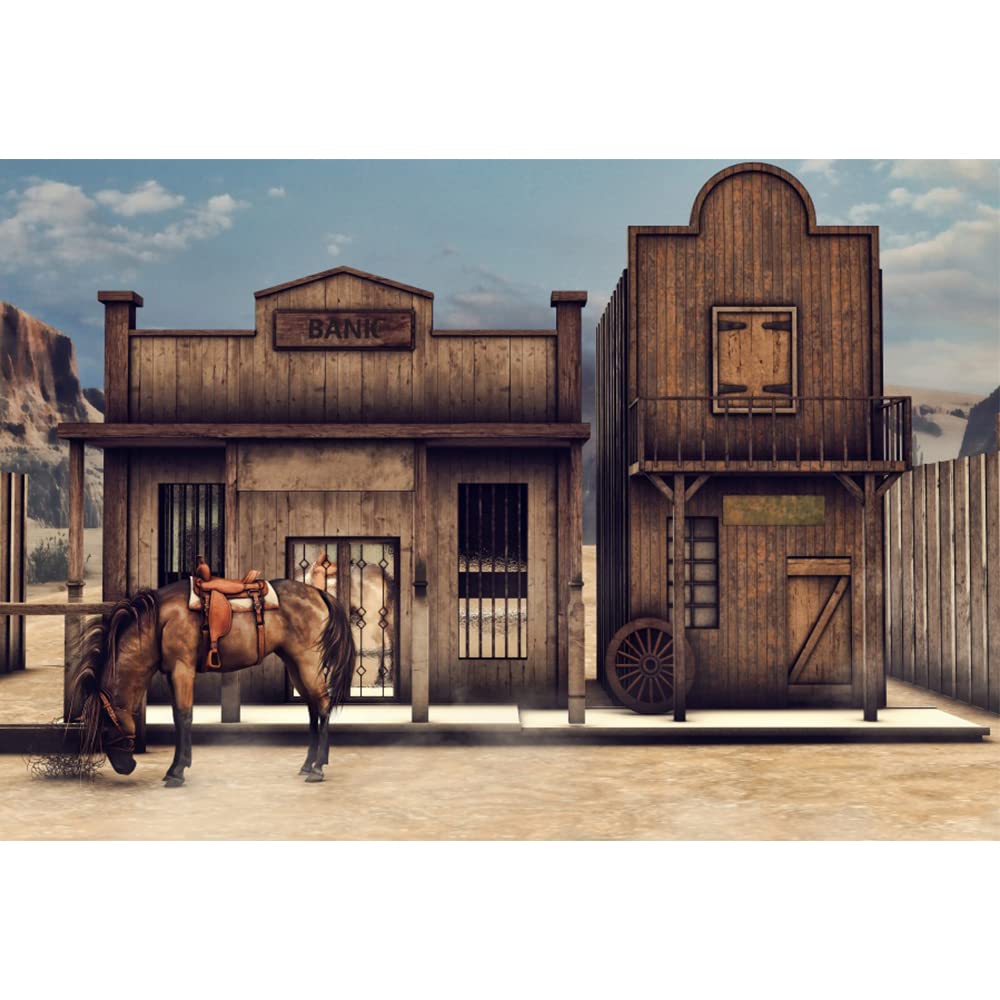 Aoihrraan 10x6,5ft Wild West House Backdrop Wood Bank Building Horse Western Retro Rustic Wooden House Photography Background Cowboys Party Decoration Kids Adult Wedding Portrait Photo Studio Props