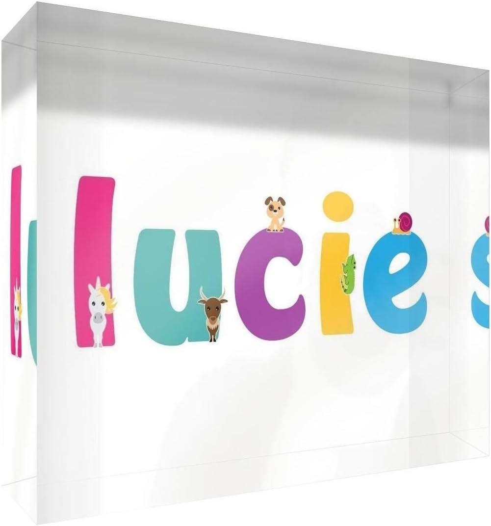Little Helper Clear Acrylic Diamond Polished Colourful Illustrative Style with Name of Young Girl Lucie 7.3 x 10.5 x 2 cm Small