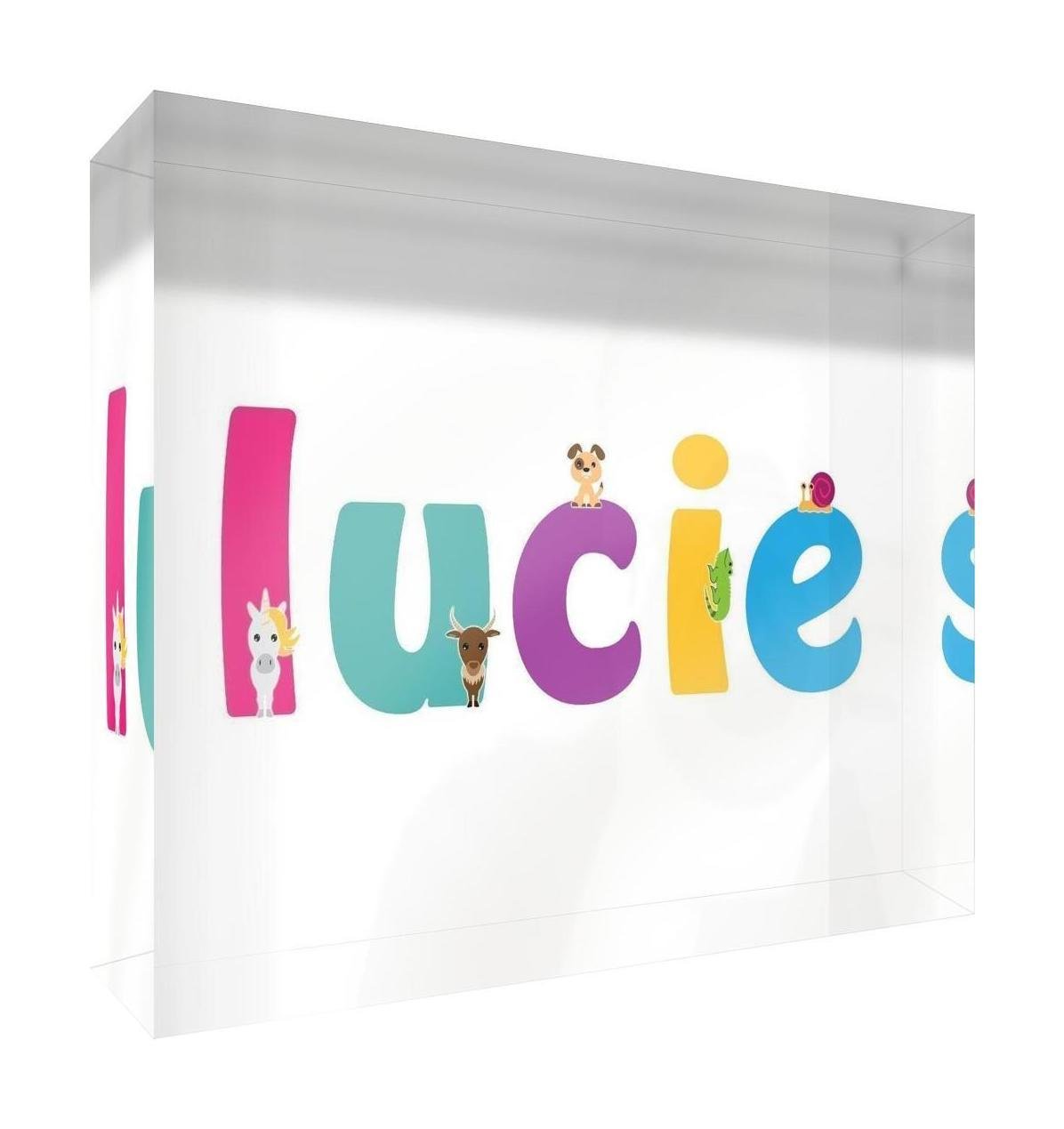 Little Helper Clear Acrylic Diamond Polished Colourful Illustrative Style with Name of Young Girl Lucie 7.3 x 10.5 x 2 cm Small