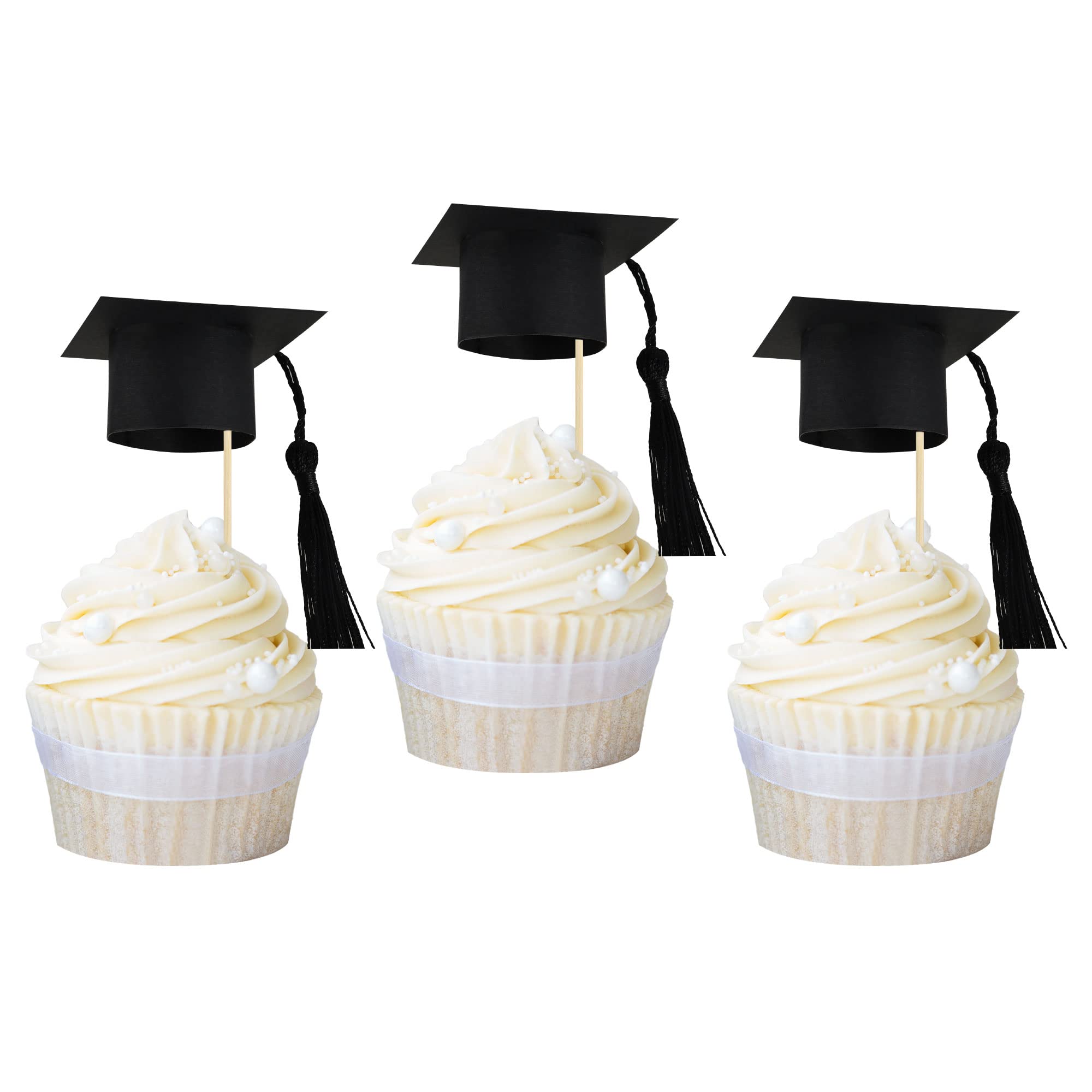 Gyufise 24Pcs 3D 2026 Graduation Cap Cupcake Toppers DIY 2026 Congrats Grad Cupcake Picks Graduation Cap with Black Tassels 2026 Graduation Cupcake Picks for Graduation Theme Party Supplies Black