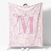 JKMBN Coquette Pink Bow Throw Blanket,Personalized Initial M Soft Fluffy Cozy Flannel Blanket,Monogrammed Gifts for Daughter Women Teen Girls,Customized Blanket for Bedding Bedroom Office,50x60 Inches