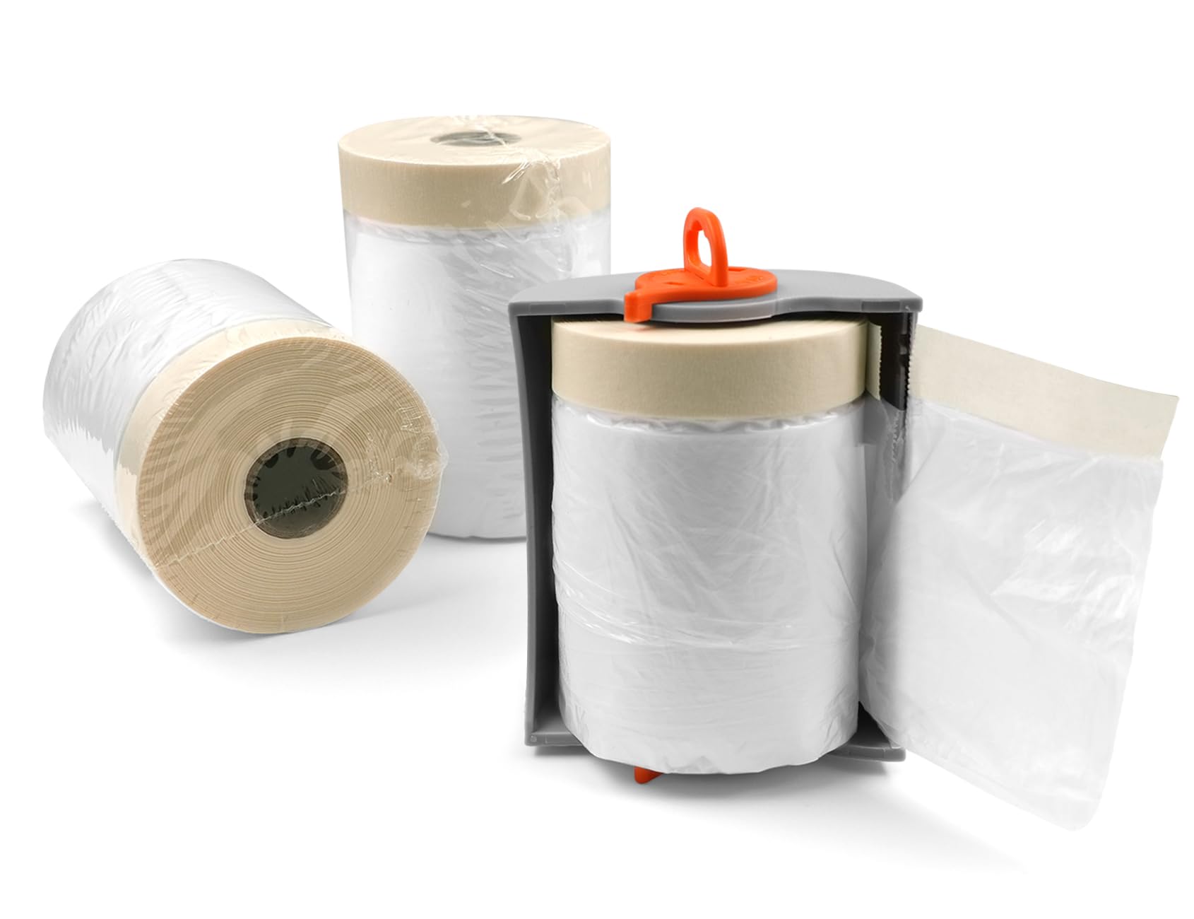 ROLLINGDOG Tape and Drape - Pre-Taped Dust Sheet Roll, Masking Film with Plastic Dust Sheet 4PCS 30M * 0.55M and Convenient Reusable Dispenser