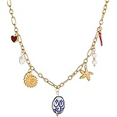 Mauzew Sea Shell Starfish Necklace for Women 18K Gold Plated Paperclip Chain Conch Pearl Charm Necklace Stainless Steel Summer Beach Jewelry Christmas Gifts