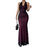GORGLITTER Women's Mesh Halter Wedding Guest Maxi Dresses Backless Ruched Sleeveless Bodycon Dress
