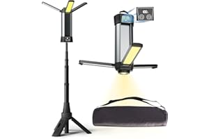 Mlogiroa Rechargeable LED Work Light with Stand - Cordless Work Lights Kit 3 Page Head,500/1000/2000 Lumen 3500/6500K Dimmable 6AH Camping Light with Detachable Tripod,Hooks and Carrying Bag