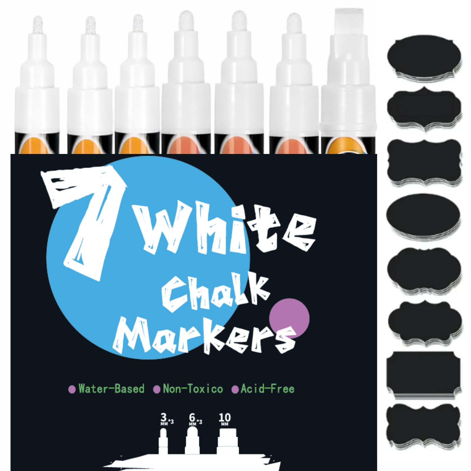 Dailyset White Chalk Pens for Blackboard, Washable, 7 Chalk Pens and 48 Labels, Chalk Pens for Windows, Blackboard, Glass, Mirrors, Spice Jars, Chalk Markers White, Window Pens (3 mm, 6 mm, 10 mm)