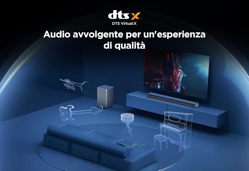 S55HE Soundbar 2.1, 220W, Dolby Atmos, DTS Virtual:X, subwoofer wireless, Bluetooth 5.3, HDMI eARC, USB, ottico, montaggio a parete, telecomando incluso