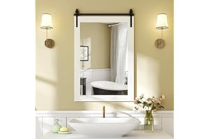CHARMAID Wood Framed Bathroom Mirror for Wall, 36" x 24" Barn Door Style Vanity Mirrors, Metal Bracket, Rectangle Farmhouse W