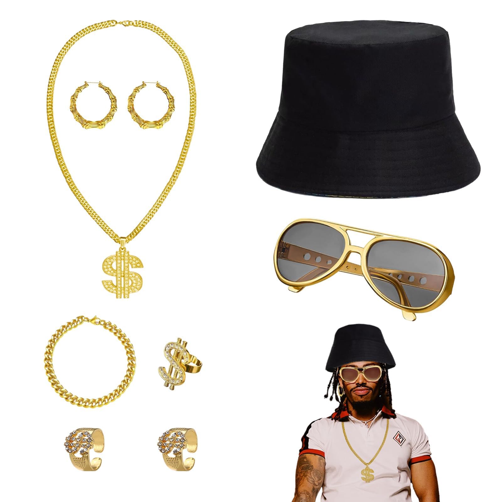 DALAETUS 8Pcs 80s/90s Hip Hop Costume Set,Gold Chain Fancy Dress Accessories for Women Men Kids Adult Party Supplies, Retro Hip Hop Accessories for Disco Theme Dress Up Party, Gold Black
