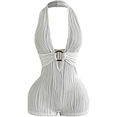 BEAUDRM Women's Halter Sexy Romper Sheer Open Back Date Night Rompers Y2K Textured Deep V Short Jumpsuit Rave Outfits