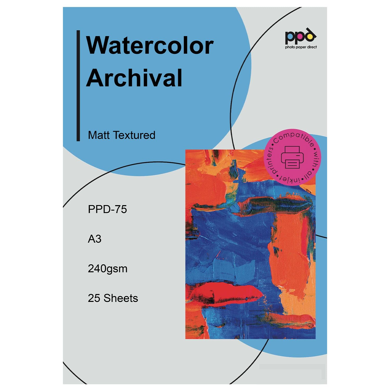 PPD 25 Sheets A3 Inkjet Fine Art Watercolour Giclee Archival Matt Photo Paper 240gsm PPD-75-25
