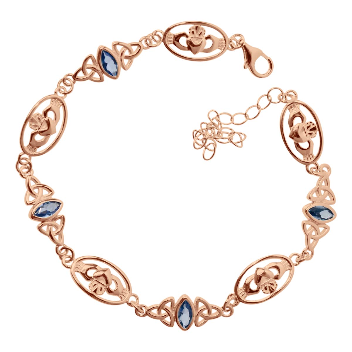 GWG Jewellery 18K Rose Gold Coated Irish Claddagh and Celtic Trinity Knot Graced with Sapphire Blue Marquise Crystal Links Bracelet in Gift Box for Women