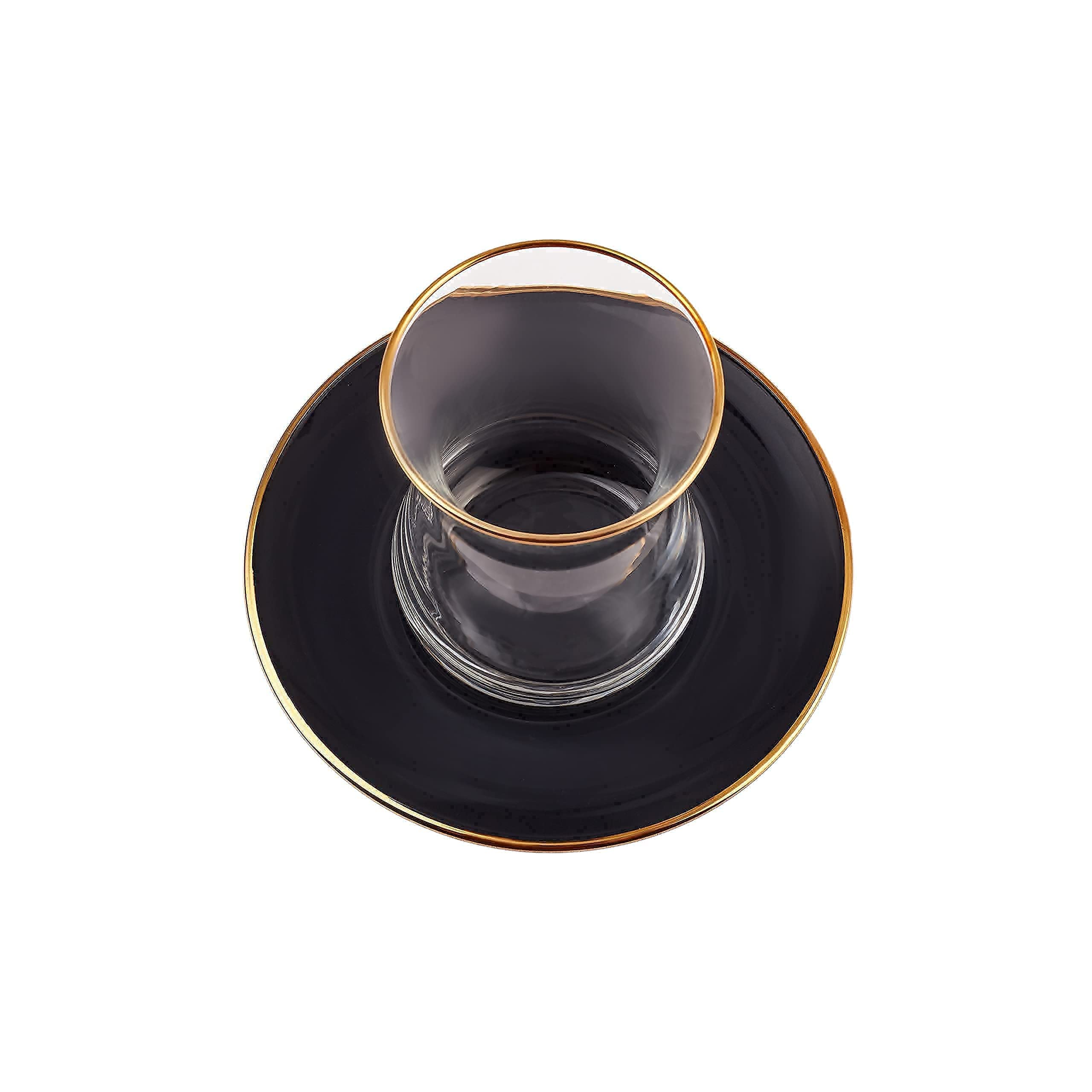 KARACA Retro Anthracite Tea Set for 6 People, Turkish Tea Glasses with Saucers, 12 Pcs, Gold Decal Details