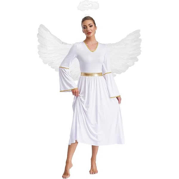 Amazon.com: Hedmy Women Halloween Angel Cosplay Costume with Wings and  Headband White Flowy Chiffon Angel Dress Ivory Small : Clothing, Shoes &  Jewelry