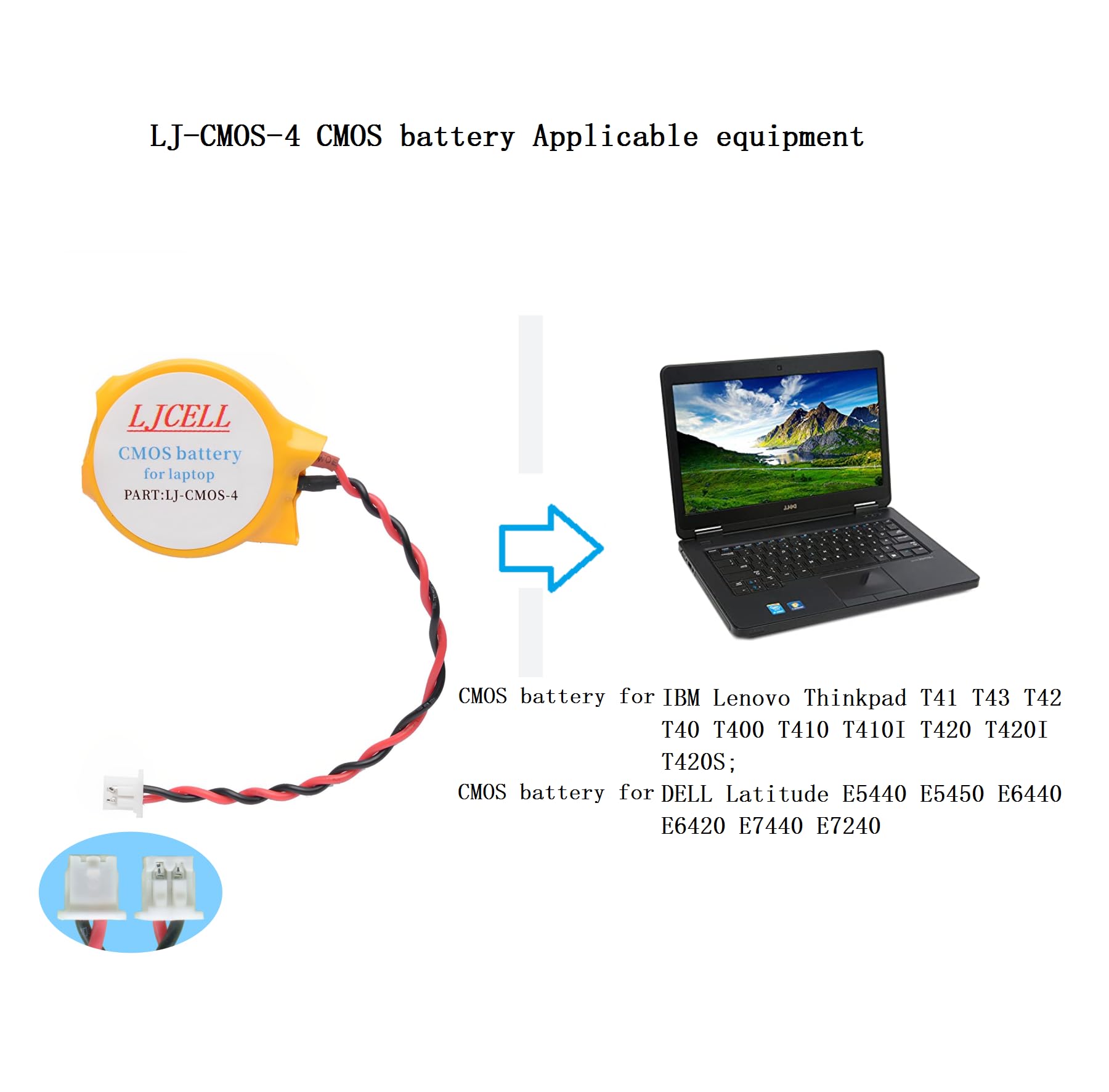 LJCELL CMOS Battery for Dell Latitude E5440 E5450 E6440 E6420 E7440 E7240,CMOS battery for Dell AlienWare M11x R1 R2 Area-51 M9700 M9750 laptop BIOS RTC CR2032 Battery with 2 Wire Cable and connector.