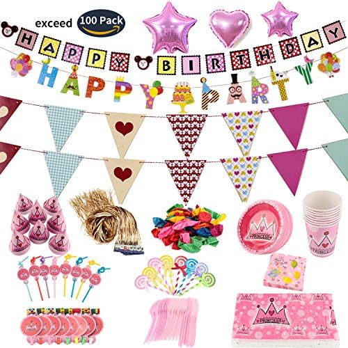 Birthday Party Supplies and Party Decorations All-in-One Pack with Foil Balloons by Party Accessories of Princess girl suit(Over 100 PC) (girl, Pink)