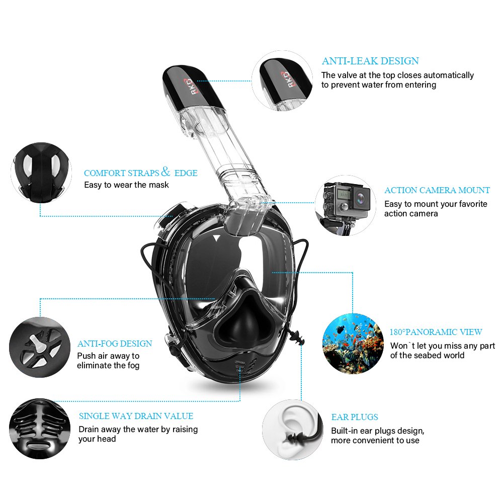 X-CAT (One Size All) NACATIN 2018 Newly One-Piece Full Face Snorkel Mask GASBAG Design, Comfortable Anti-Flog Scuba Masks Larger Viewing Area Closer to Water, Black