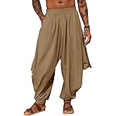 PASLTER Mens Harem Pants Linen Yoga Beach Baggy Summer Boho Aladdin Genie Pants