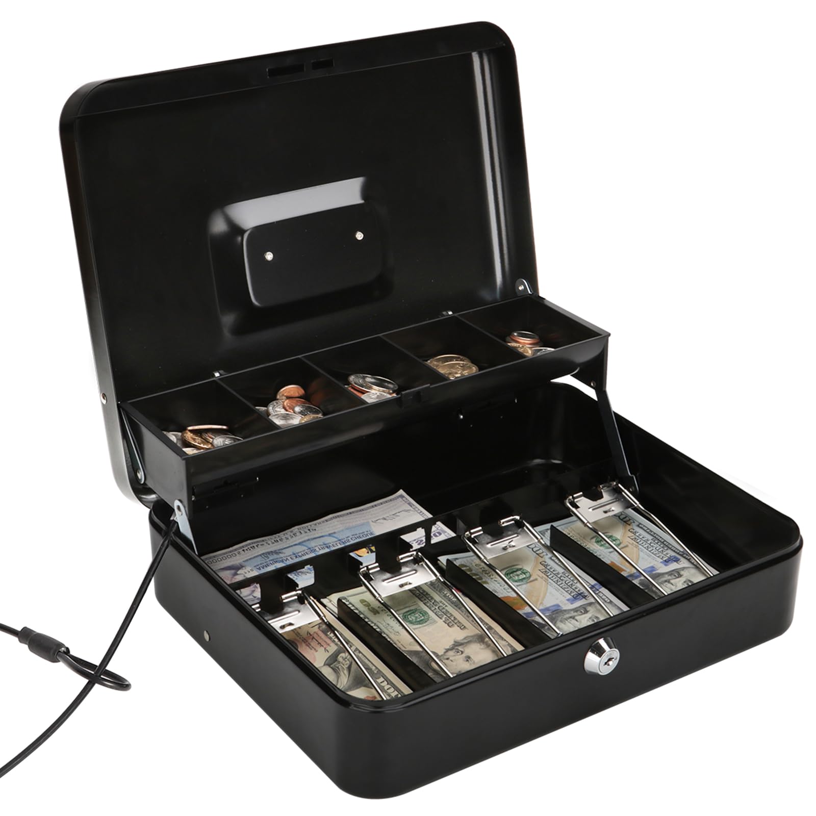 Photo 1 of Jssmst Large Locking Cash Box with Money Tray, Lock Box with Security Cable Metal Money Box with Key Lock, Black, CB02304XL