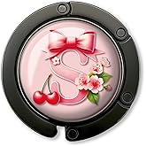 ZEIKAEYR Funny Bow Initial Purse Hook Gifts - Pink Bow Letter S - Foldable Purse Holder for Table - Round Handbag Hanger for Women - Christmas Birthday Gifts for Mom, Wife, Sister, Friend, Boss Lady