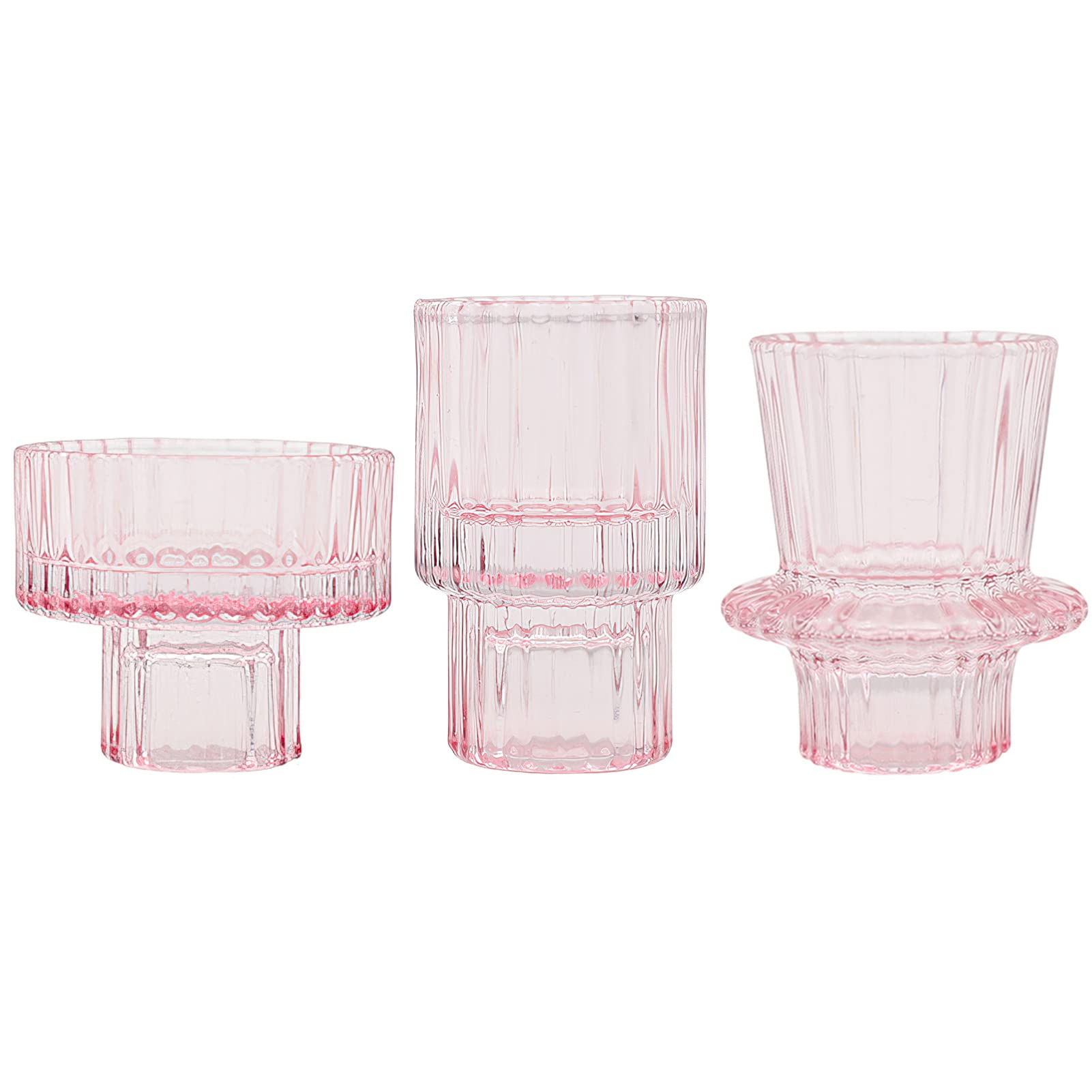 3PCS Pink Candlestick Holders Set, Glass Candle Holders for Taper Candles, Pillar Candles Holders for Wedding, Festival, Dinning&Party