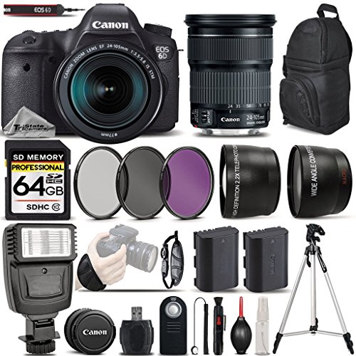 Canon EOS 6D DSLR Camera + Canon 24-105mm IS STM Lens + Flash + 0.43X Wide Angle Lens + 2.2x Telephoto Lens + 64 Class 10 Memory Card. All Original Accessories Included - International Version Canon EOS 6D DSLR Camera + Canon 24-105mm IS STM Lens + Flash + 0.43X Wide Angle Lens + 2.2x Telephoto Lens + 64 Class 10 Memory Card. All Original Accessories Included - Internatio   nal Version