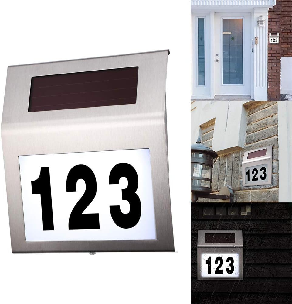 1PCS Hausnummernleuchte Solar, FORNORM Solar Beleuchtete Hausnummer mit 2 LED Beleuchtung, Lichtsensor, IP44 Wasserdicht, Einschließlich Nummern 0-9 & Buchstaben A-H, Cool Weiß 6000K