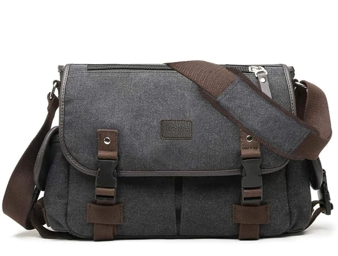Photo 1 of [Upgraded] Vintage Canvas Messenger Bag Large Book Laptop Shoulder Bag Women Men New 13 15.6 17 inches (Black, 17 inches)