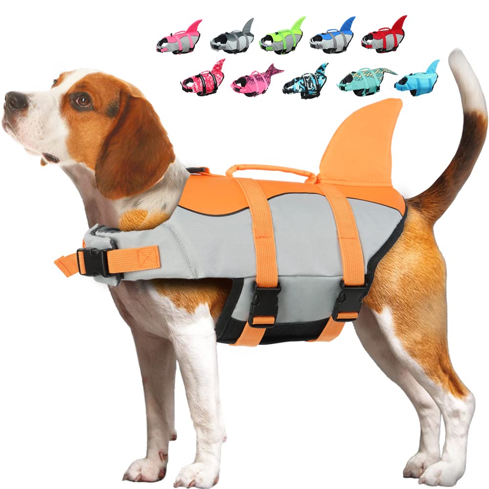 EMUST Large Life Jacket for Dogs - Swimming Vest With Rescue Handle, Adjustable Flotation Preserver for Pool, Beach, Boating (XL, Orange)