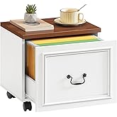 MAHANCRIS 1 Drawer File Cabinet, Rolling File Cabinet for Home Office, Wooden Under Desk Storage, Printer Stand with Drawers, for A4/Letter-Size Files, White and Walnut FCBA3701