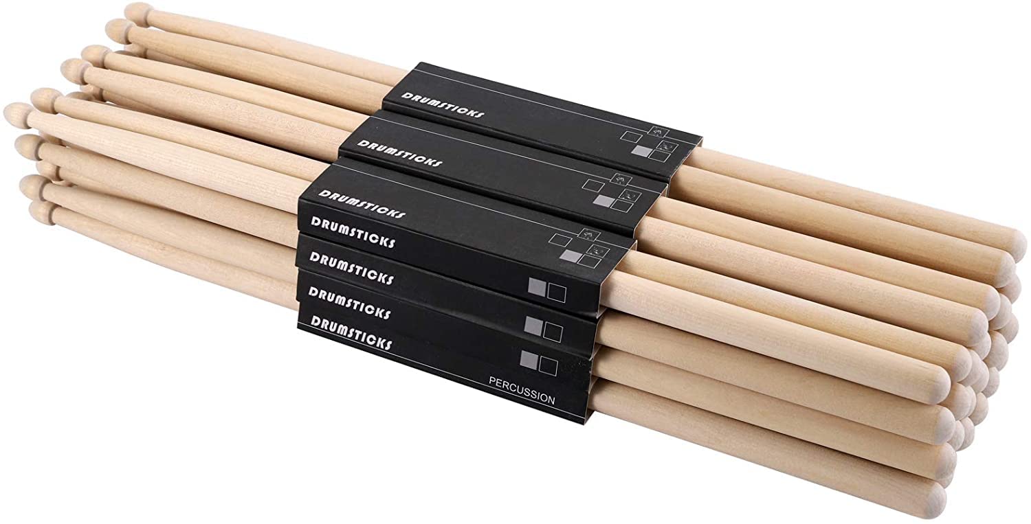 Suwimut 12 Pairs 7A Drum Sticks, Classic Maple Wood Tip Drumsticks for Beginners Students, Rock Band Musical Instrument Percussion Accessories, Consistent Weight and Pitch
