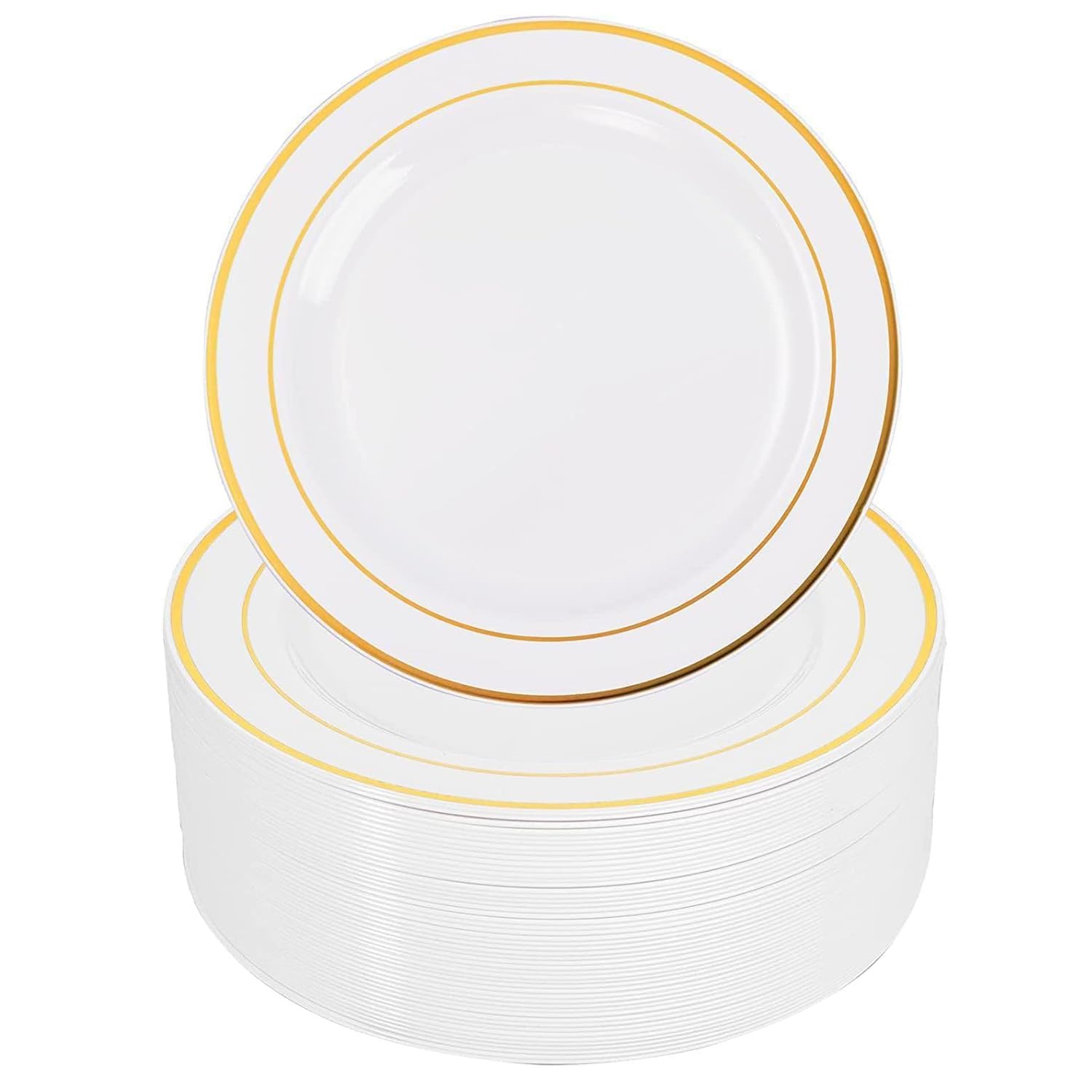 Gikisla 25 Pieces Plastic Plates - White & Gold Rimmed Reusable Plates Premium Heavy Duty - 26cm Dinner Plates for Christmas Parties Wedding