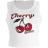 SHENHE Women's Plus Size Letter Cherry Print Lace Tank Top Crewneck Rib Knit Vest Top