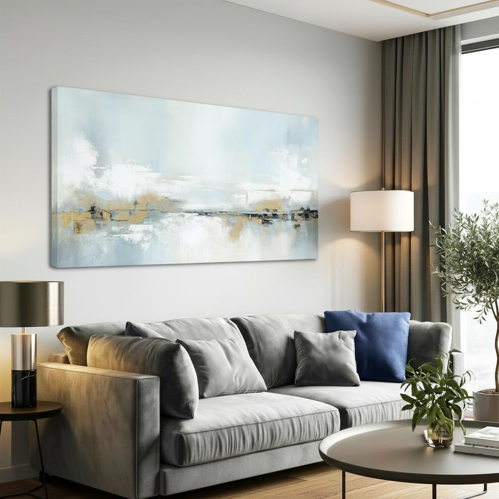 Photo 1 of SENROLAN 58x29 Extra Large Coastal Abstract Canvas Wall Art, Horizontal Blue White & Gold Modern Wall Decor, Panoramic Printed Canvas Artwork, Ready to Hang Above Couch