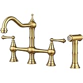 WOWOW Brass Kitchen Faucet Bridge with Side Sprayer, 4 Hole Kitchen Faucet 2 Handle 8 Inch Centerset Gold Faucet for Kitchen 