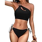 Zeregos Women's One Shoulder Cutout Bikini Set 2 Piece Swimsuit Cheeky Bikini Beads Bathing Suit