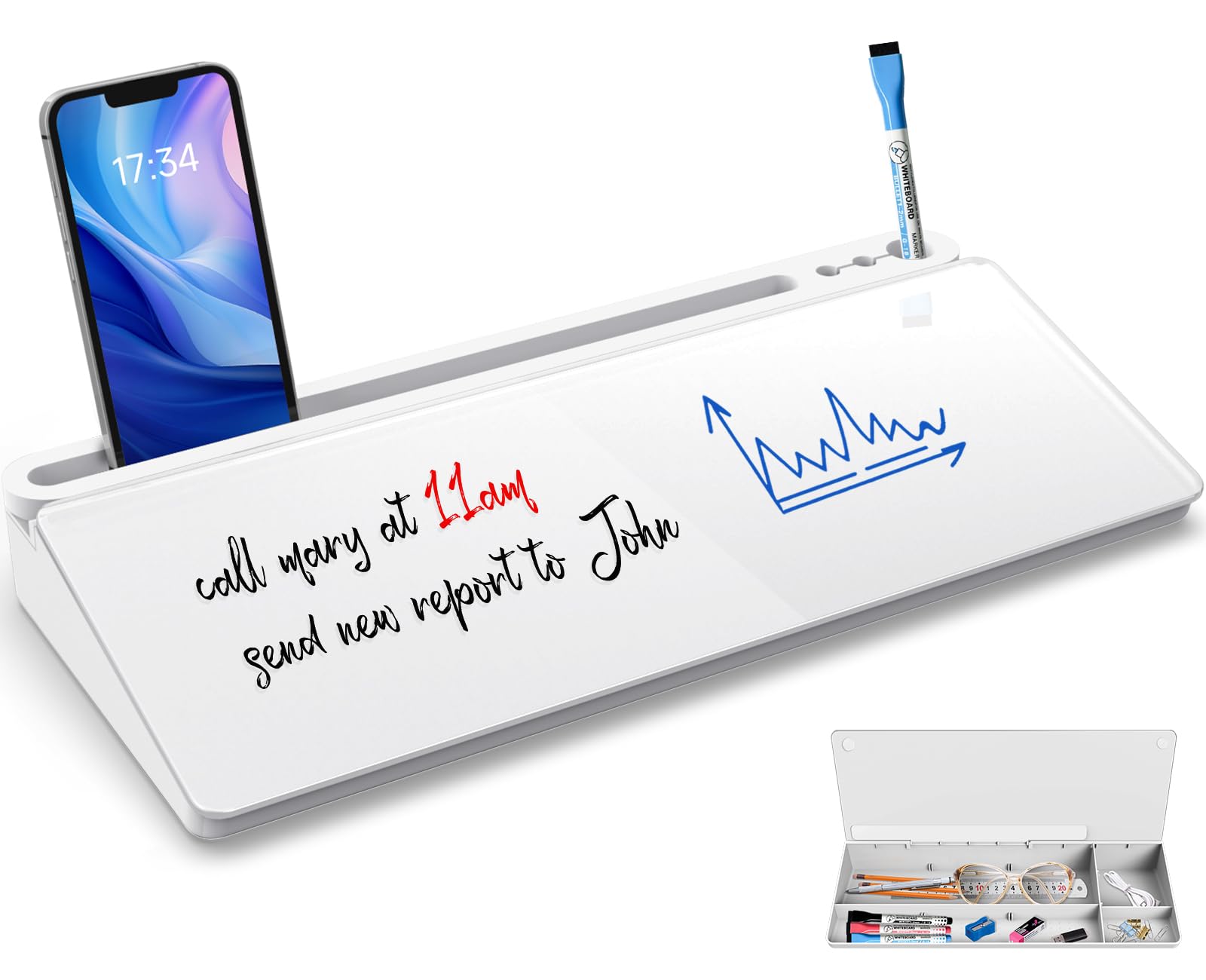 Sliandtelly Desk Glass Whiteboard with Storage | 40 x 18 cm Dry Erase Board & White Base | 3 Marker Pens | Desktop Writing Board for Quick Note Replace Sticky-Note, Organizer for Home Office Accessory