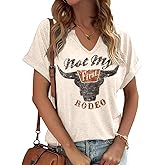 Summer Sexy V-Neck Vintage Western Rodeo Cowboy Steer Skull Shirt for Women Casual Boho Cowgirl Boots Graphic Tees