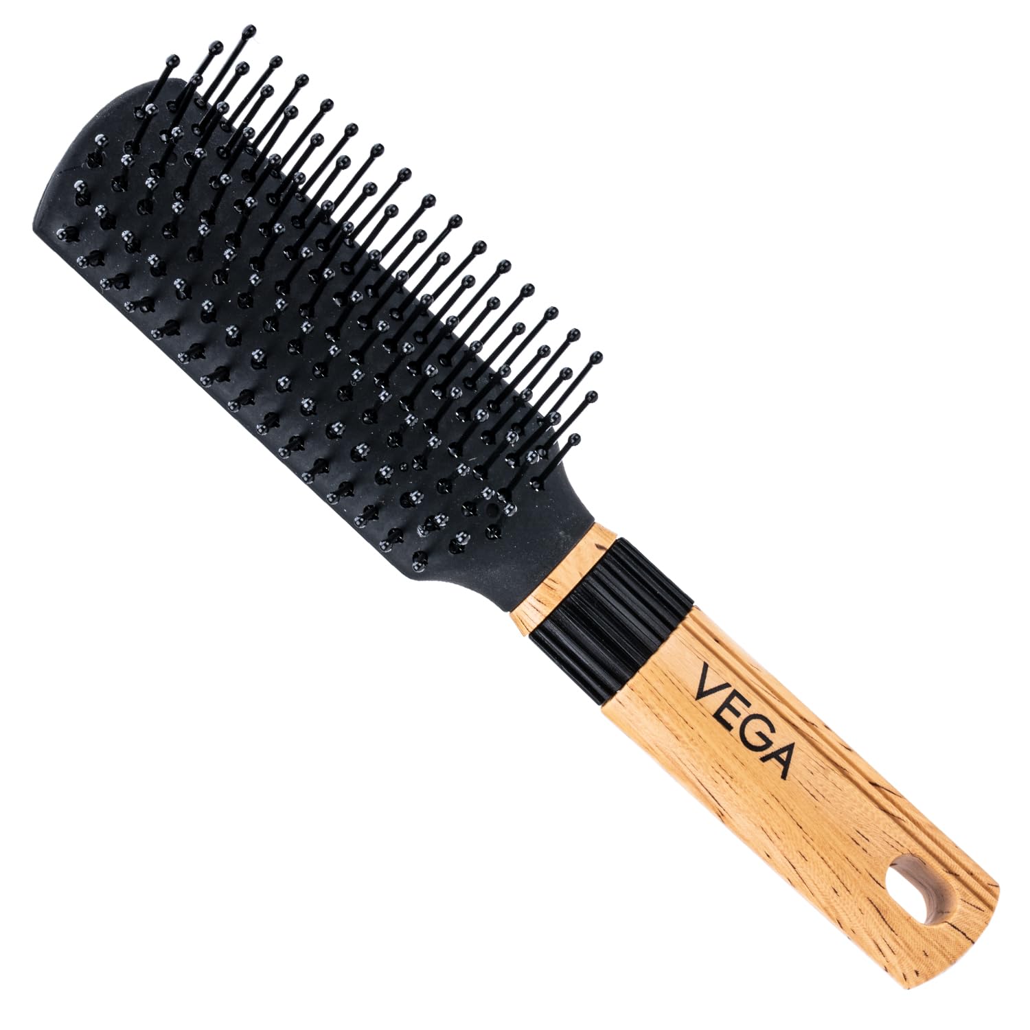 Vega Mini Flat Brush with Wooden Colored Handle and Black Colored Brush Head
