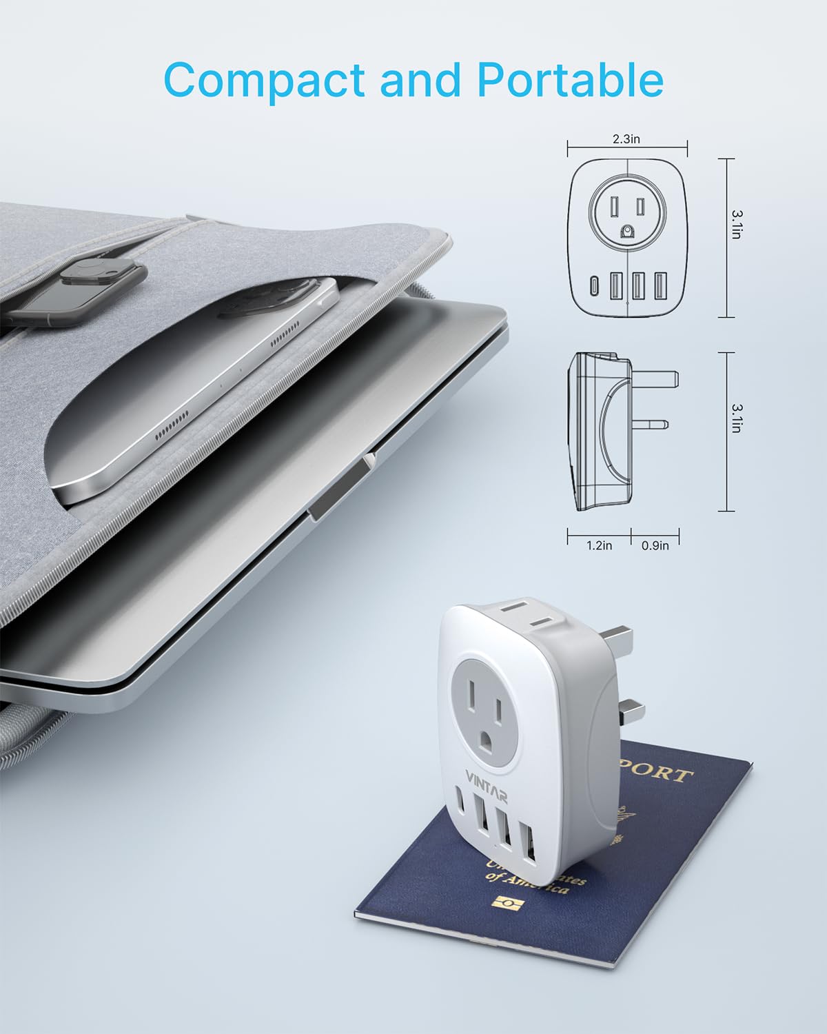 US to UK Ireland Travel Plug Adapter 2 Pack, VINTAR Type G Plug Adapter with 2 Outlets 4 USB Ports(1 USB-C), UK Power Adaptor Converter for USA to England Scotland Dubai Hong Kong British Kenya London