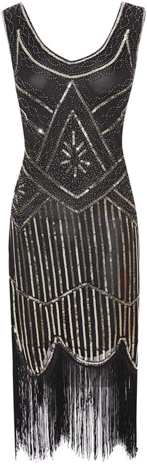 Kaiyei Women 1920s Great Gatsby Vintage Fringe Flapper Dress Girl Sequin Bead Sleeveless Summer Dress